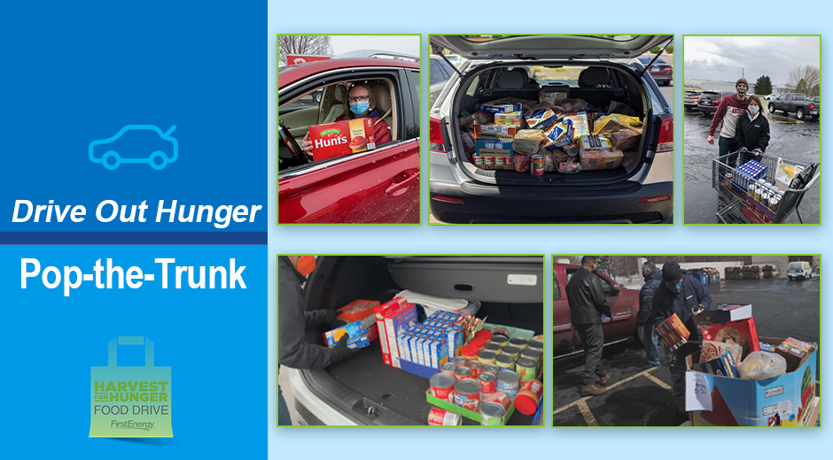 Collage of Pop-the-Trunk drive through donation event.